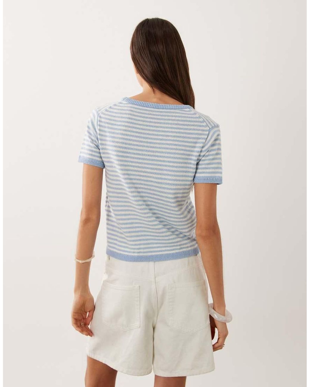 Mango Blue Cotton Rich Short Sleeve Knitted Top