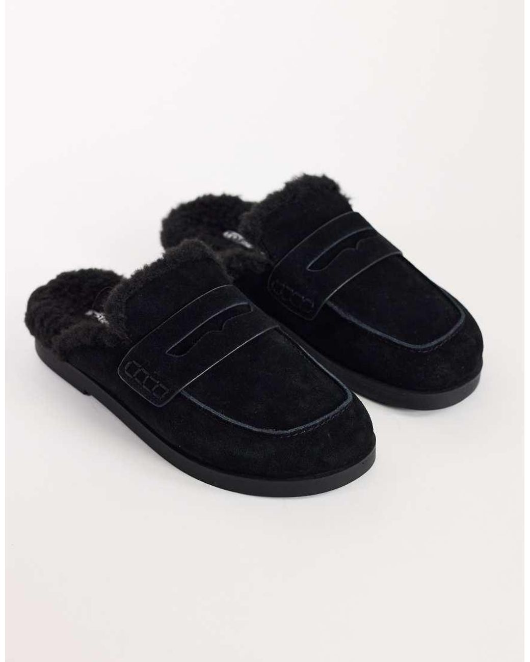 TOPSHOP Black Addie Real Suede Mule Loafer With Shearling