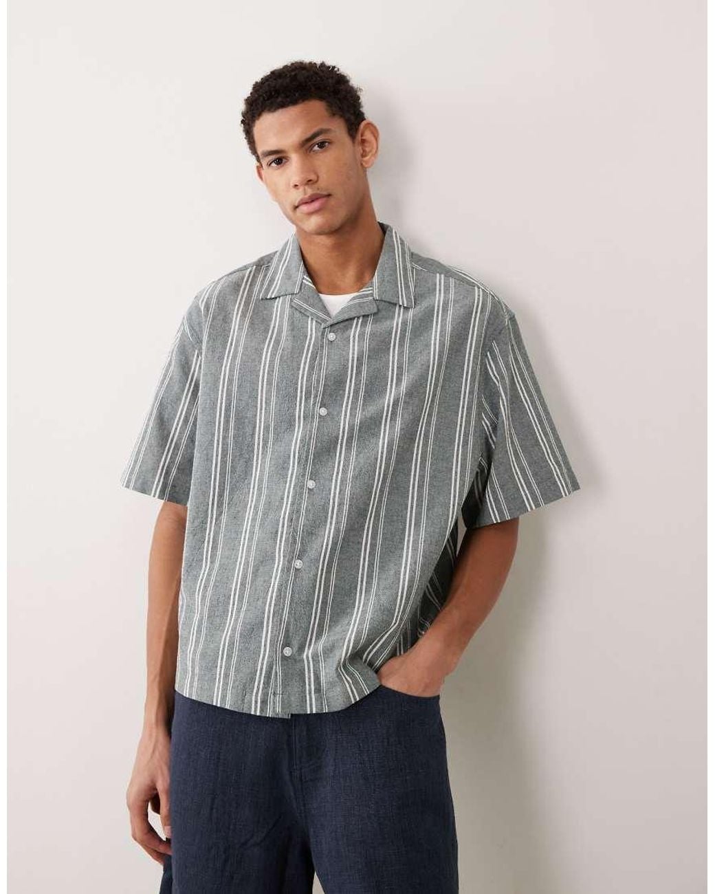 ASOS Gray Boxy Oversized Linen Look Stripe Shirt for men