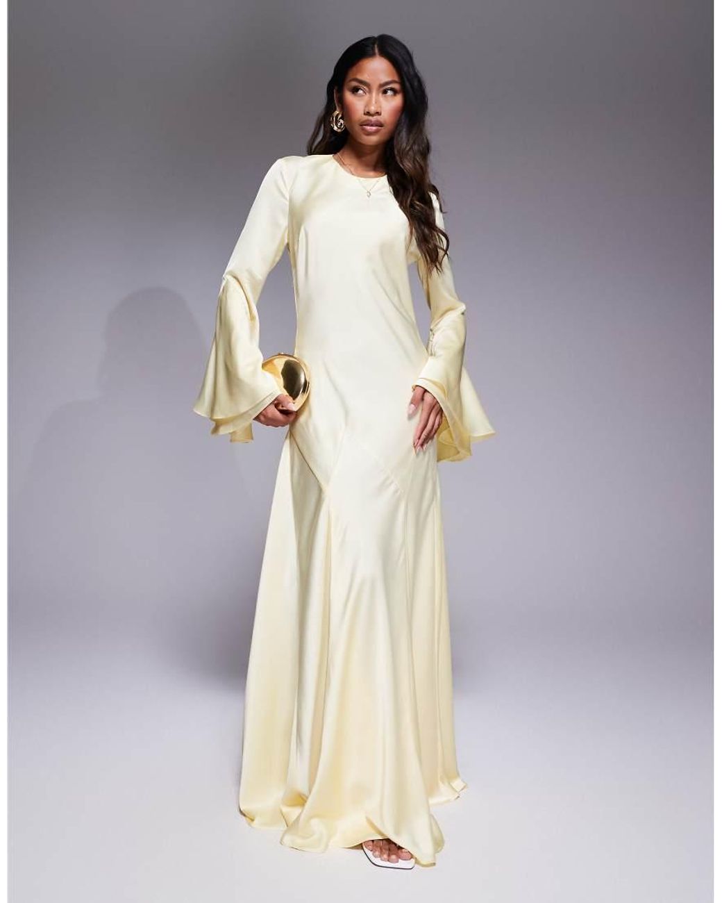 ASOS Long Sleeve Satin Maxi Dress With Full Skirt And Godet in White | Lyst  UK