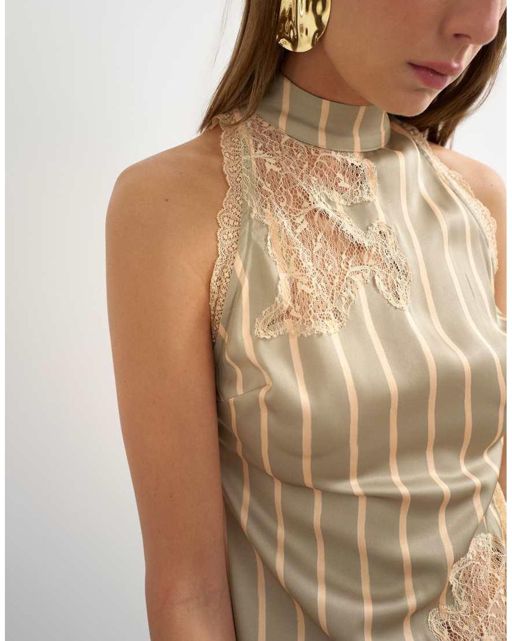 TOPSHOP Natural Premium Halter Neck Top With Contrast Lace Detail