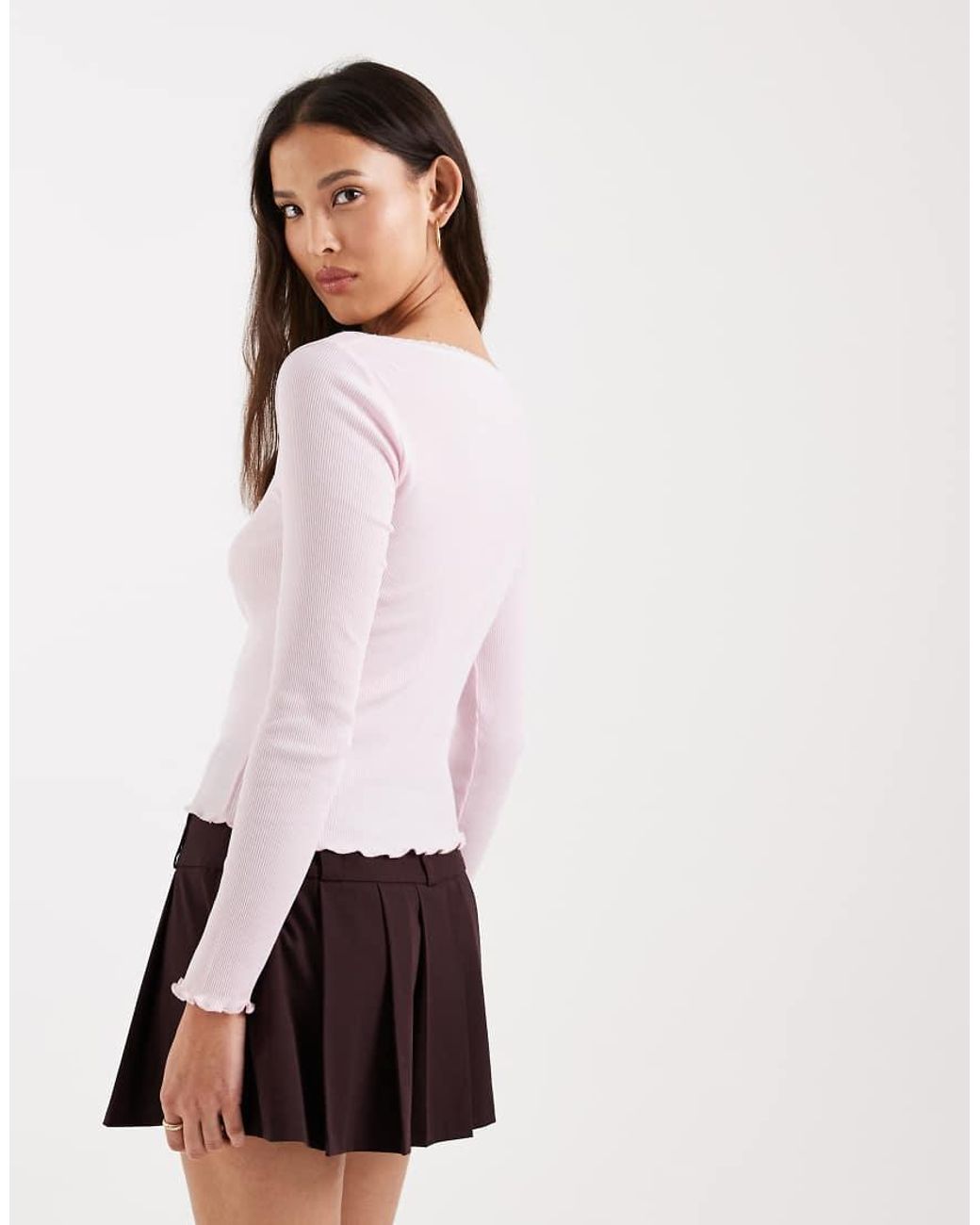 Miss Selfridge White Fitted Square Neck Rib Top With Lace Trim