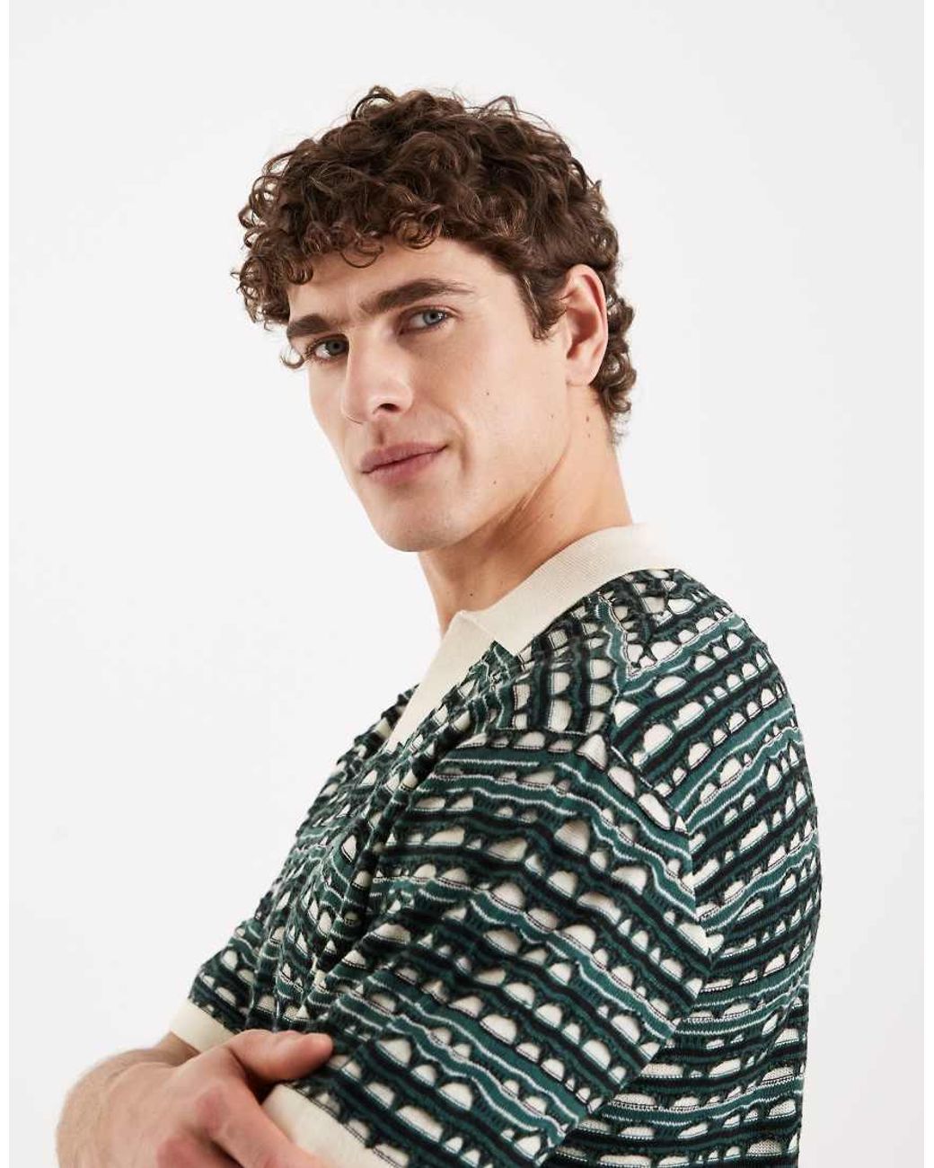 Redefined Rebel Green Rayan Boxy Fit Short Sleeve Textured Knit Polo Shirt for men