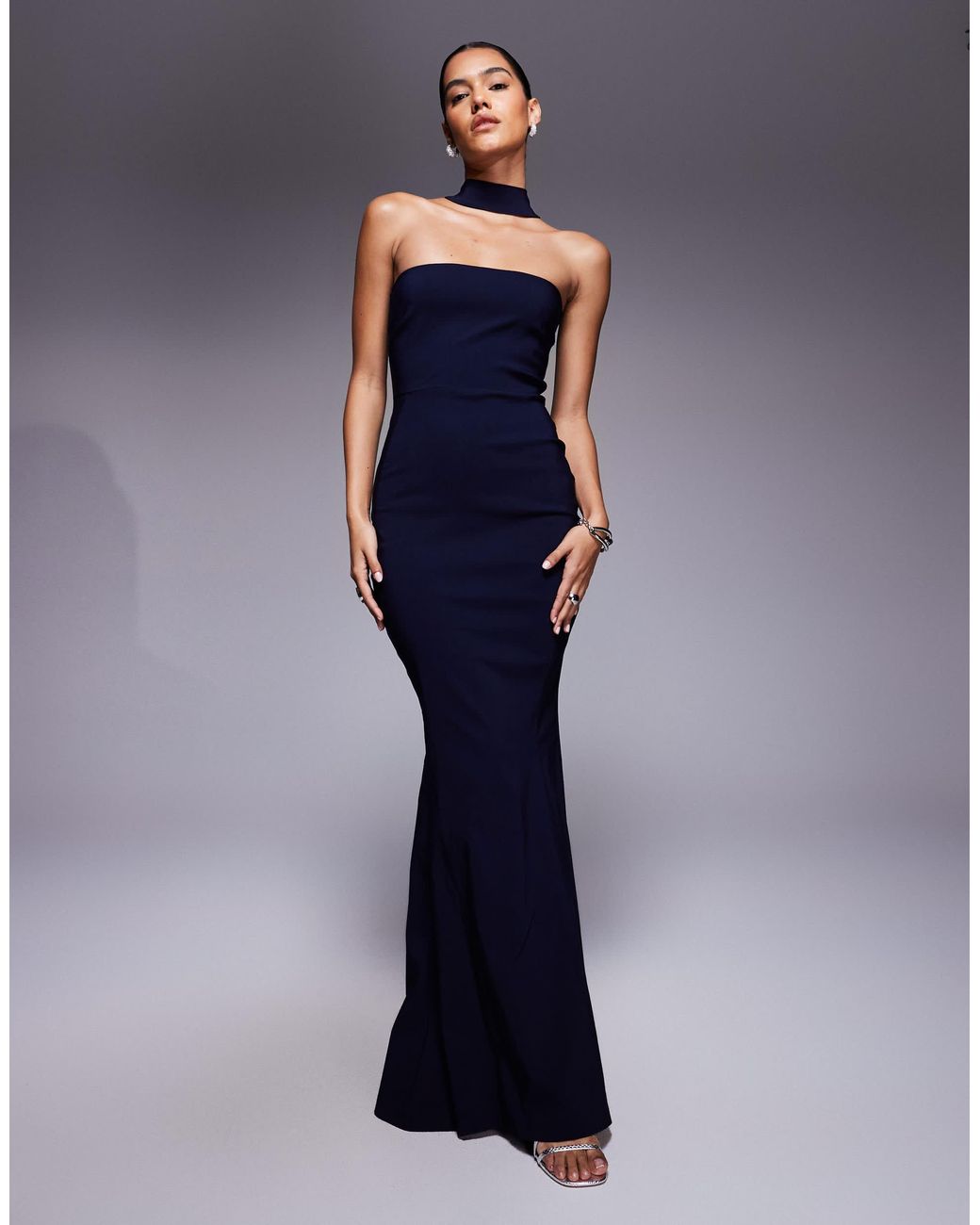 chinese dress ladies Missguided Navy Blue Lace Halter Sleeveless Fishtail Maxi Bridesmaid Dress Sz 2 main image 0