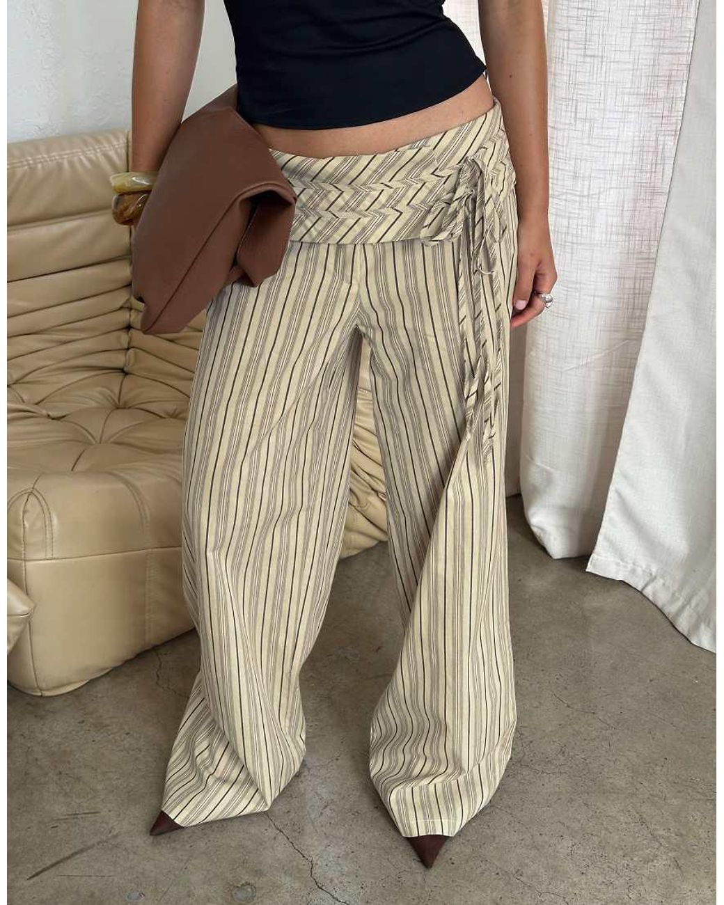 Princess Polly Natural Seneca Cotton Wrap Tie Waist Detail Wide Leg Trousers