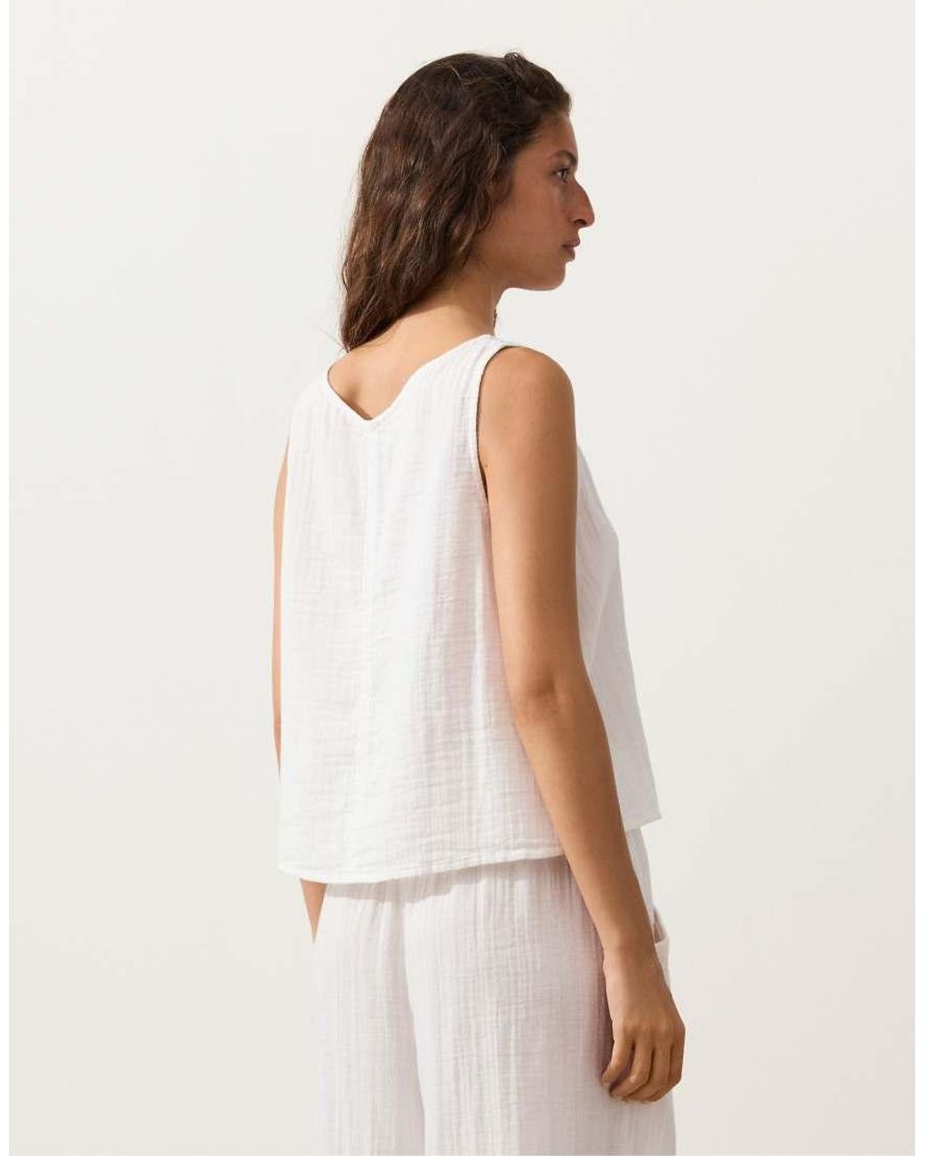 Oysho White 100% Cotton V-neck Strappy Top