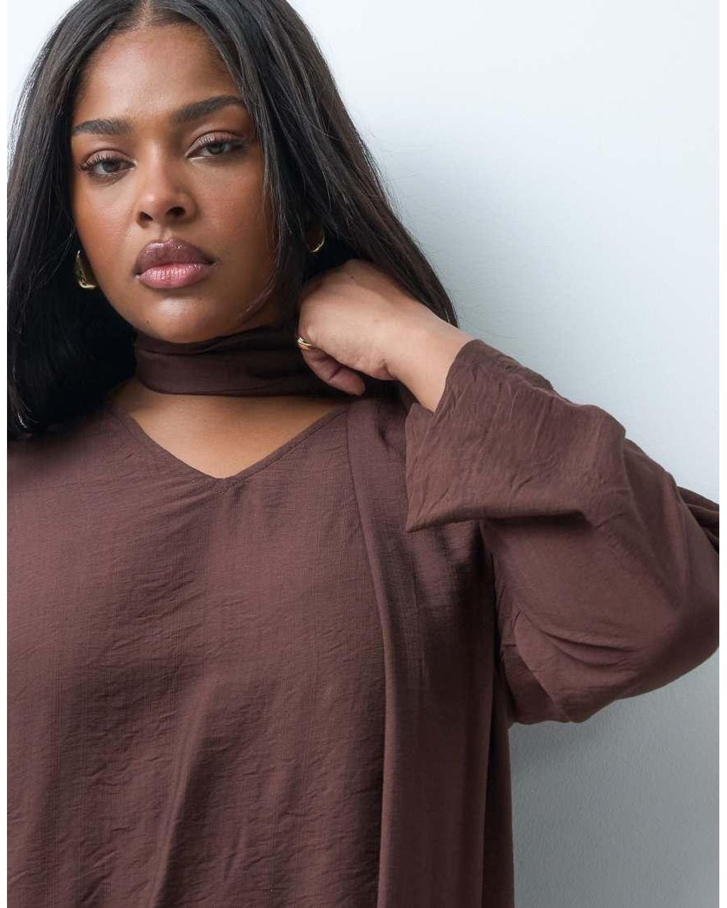 ONLY Brown Long Sleeve V-neck Top With Scarf Detail