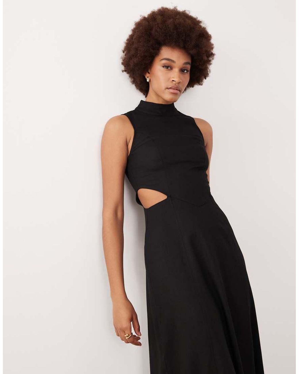 ASOS Black Asos Design Tall High Neck Linen Look Midaxi Dress With Cutout Waist