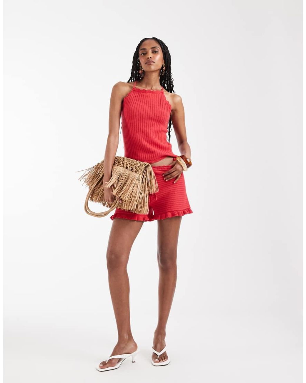 Monki Red Crochet Style Frill Hotpants Co-ord