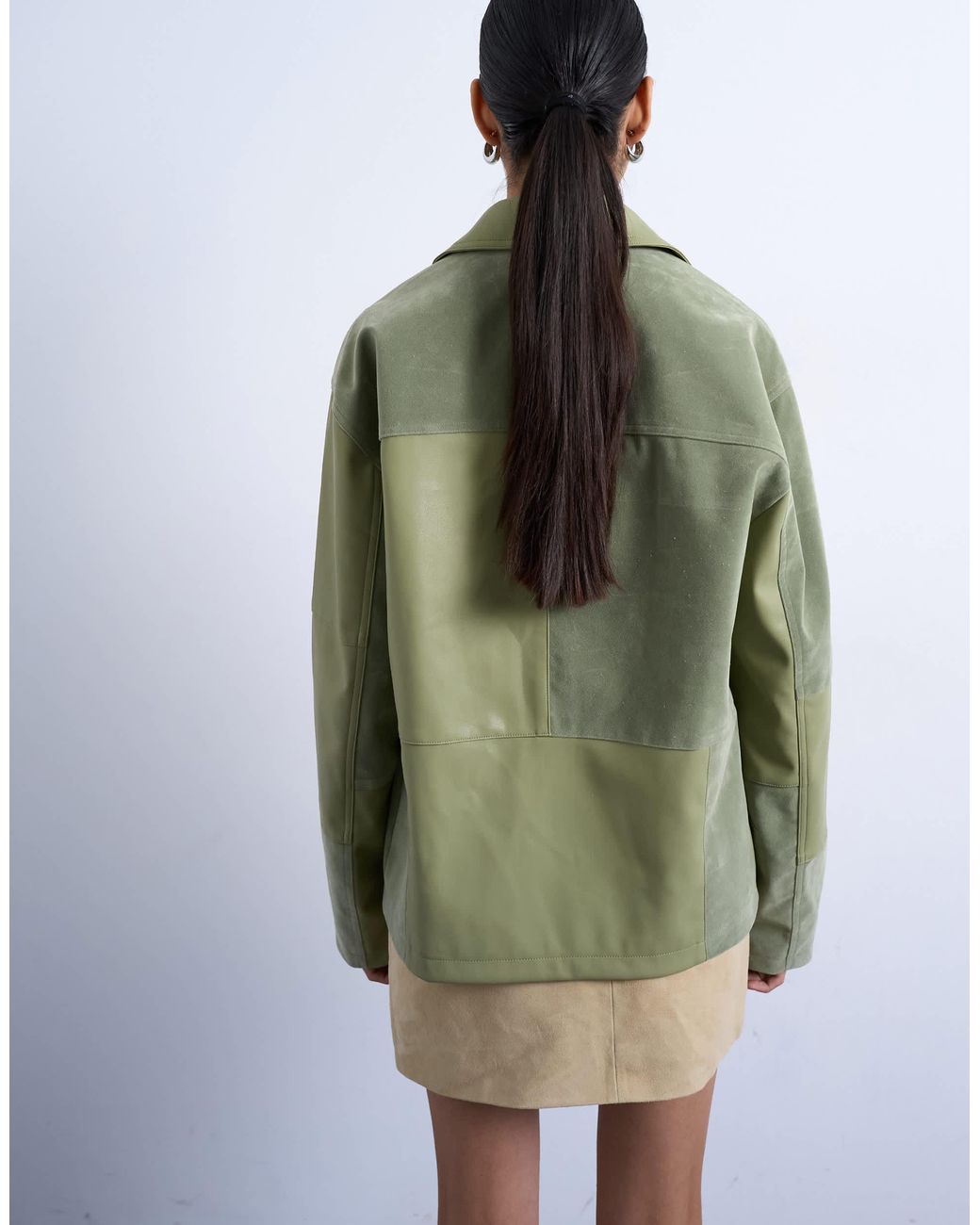 TOPSHOP Green – patchworkjacke aus wildlederimitat