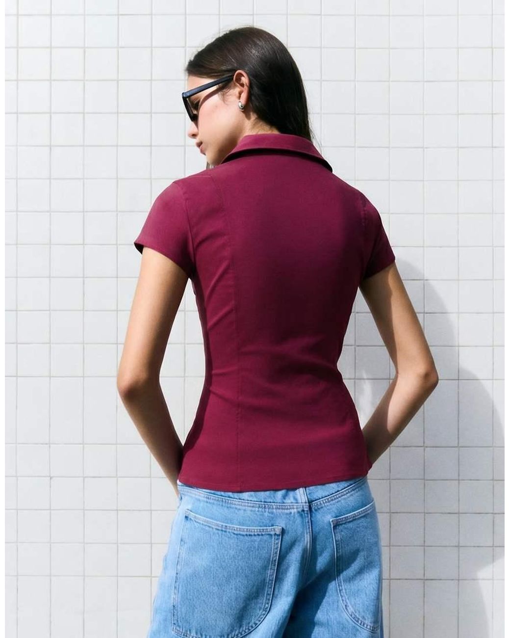 Bershka Red Short Sleeve Zip Print Shirt
