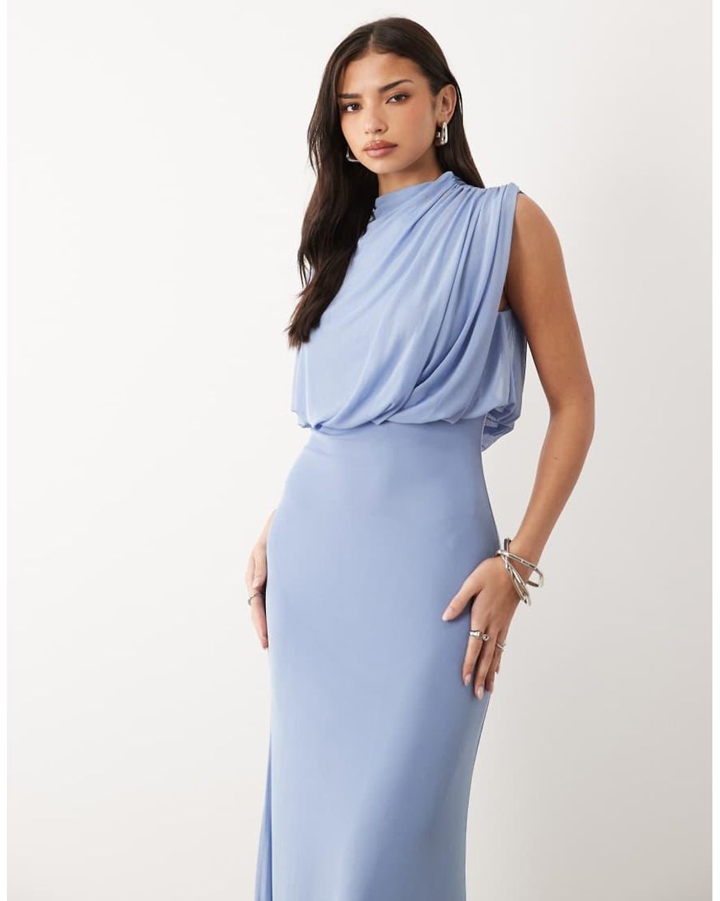ASOS Blue Mesh Asymmetric Cap Sleeve Blouson Bodice Dress