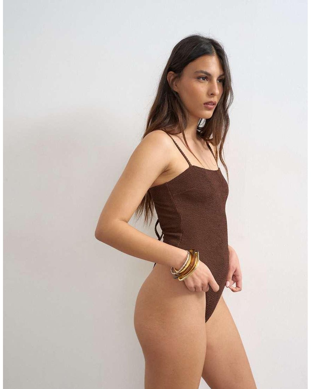 TOPSHOP Brown Cooper Square Neck Swimsuit