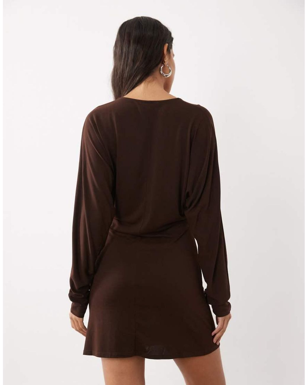 ASOS Brown Batwing Sleeve V-Neck Mini Dress