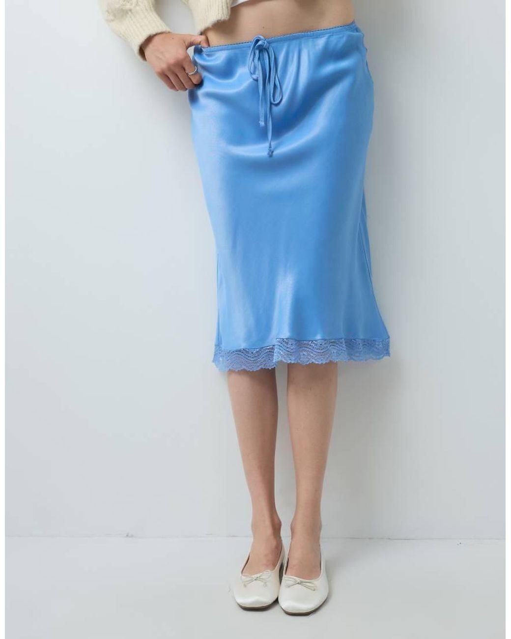 Reclaimed Vintage Blue Awkward Length Satin Midi Skirt With Lace Trim