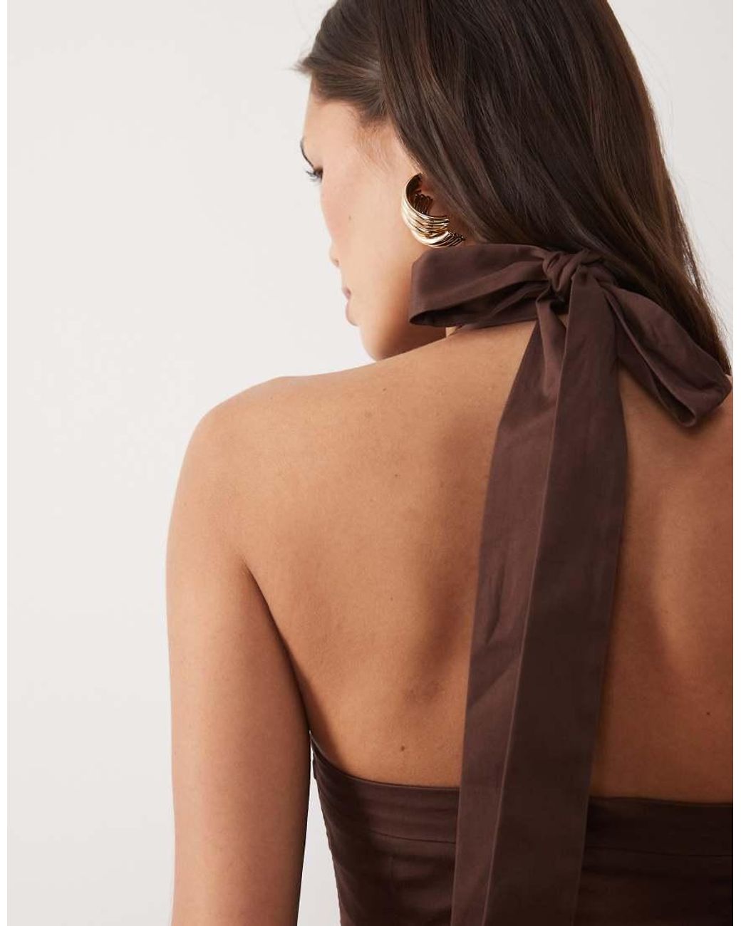 Wanderdoll Brown Marilyn Cotton Rich Structured Halterneck Shirred Bust Corset Detail Mini Dress