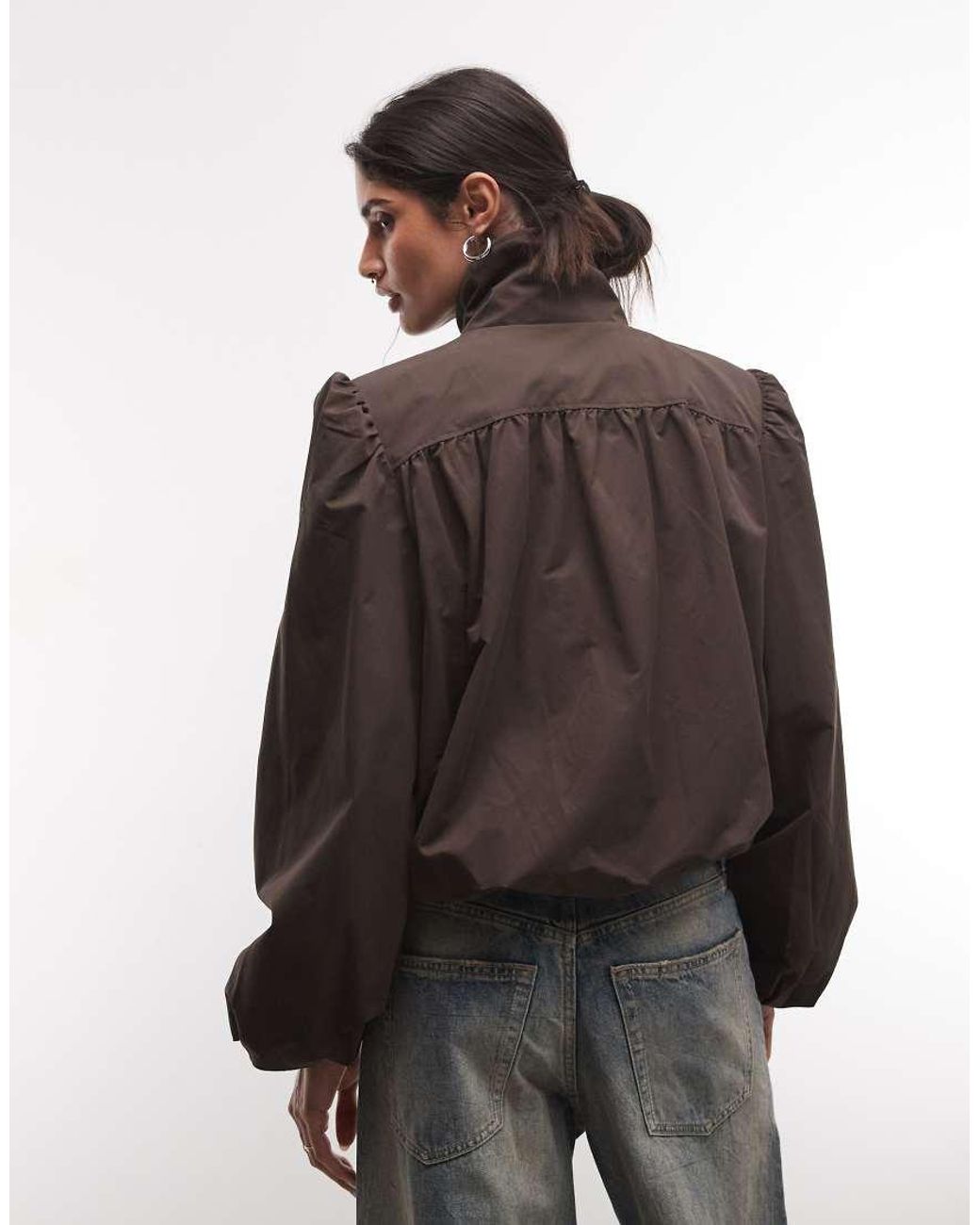 Monki Brown Balloon Sleeve High Neck Trench Coat