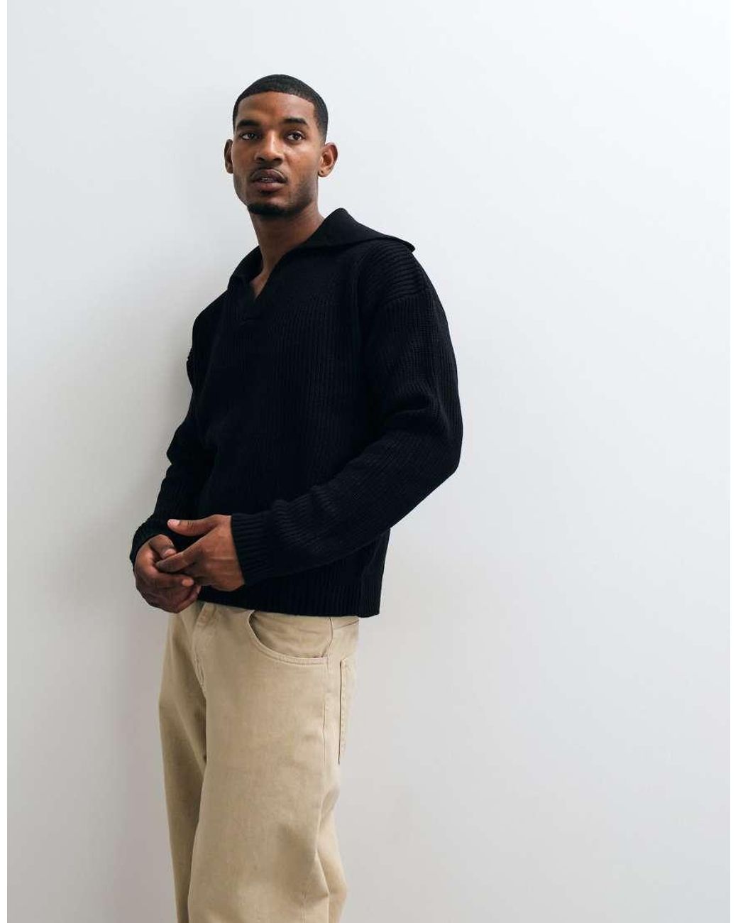 ASOS Blue Oversized Knitted Extreme Open Collar Polo Jumper for men