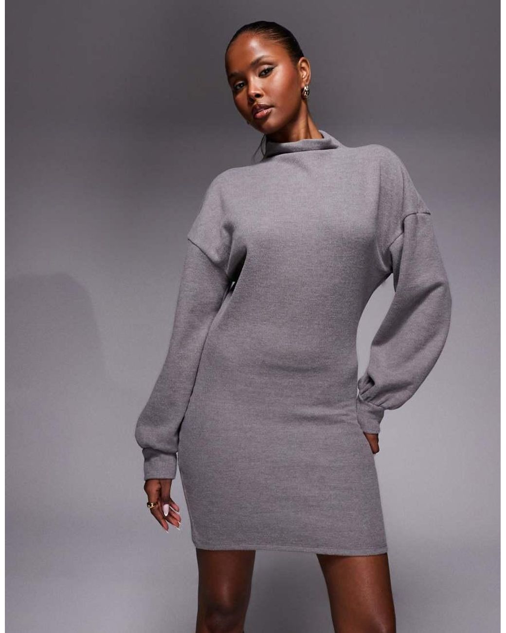 ASOS Gray Super Soft Balloon Long Sleeve Mini Dress