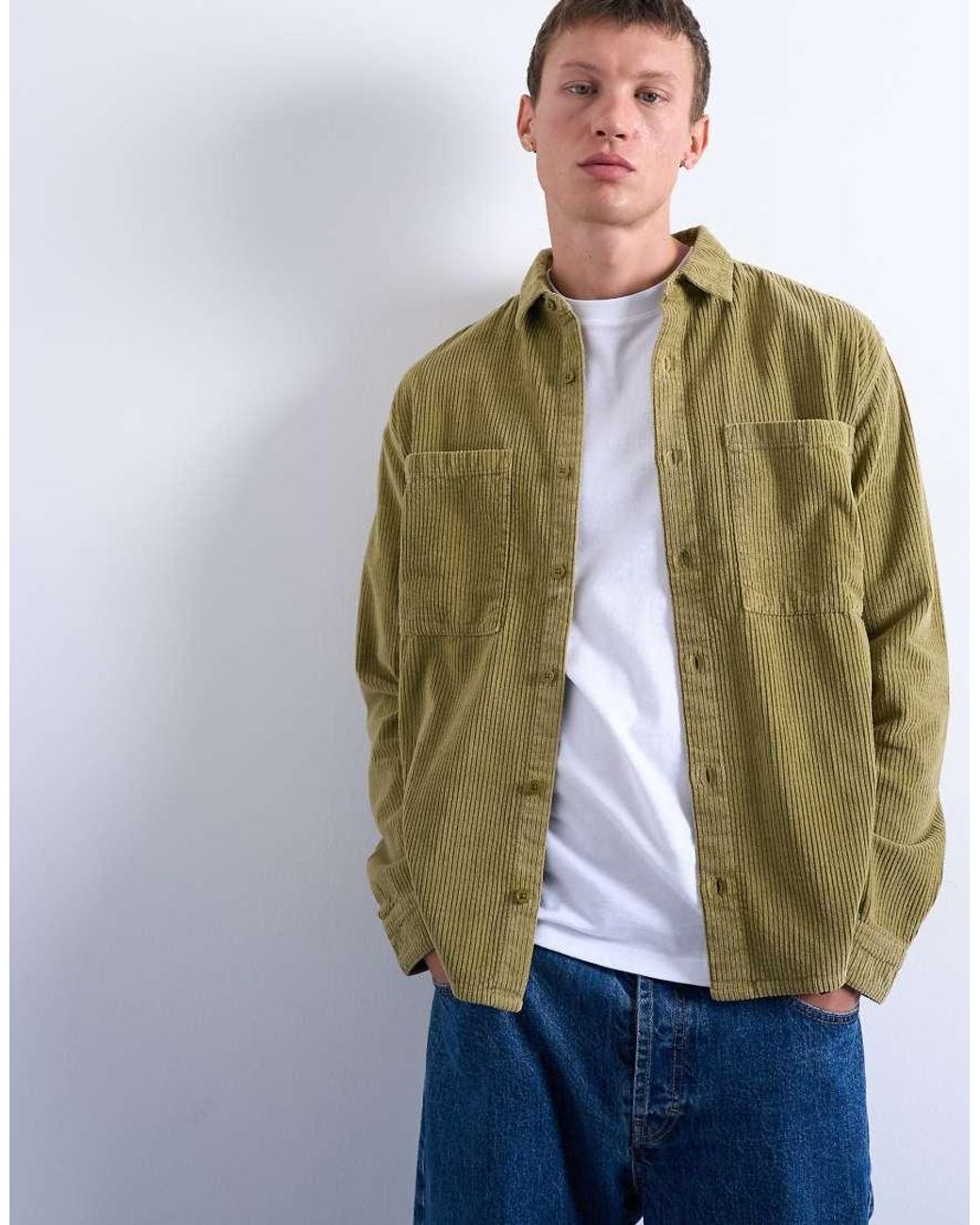 Topman Green Regular Fit Cord Shirt for men