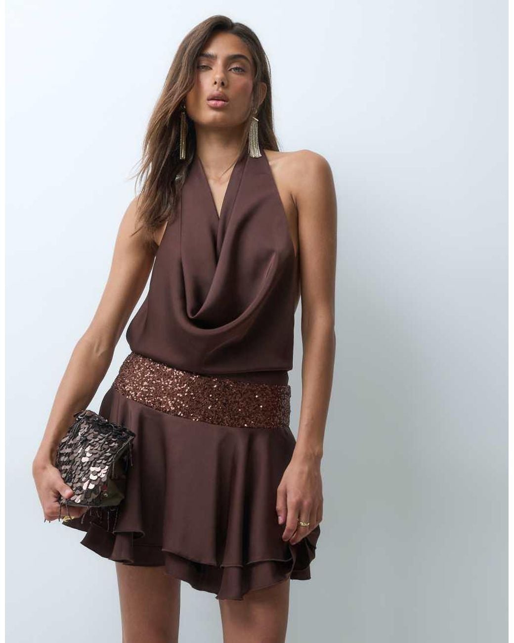 Kaiia Brown Exclusive Plunge Cowl Neck Sequin Waistband Low Back Mini Dress