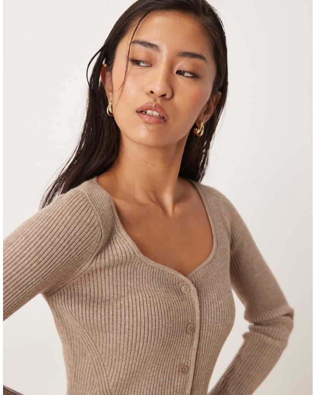 Abercrombie & Fitch Natural Long Sleeve V Neck Fitted Maxi Dress