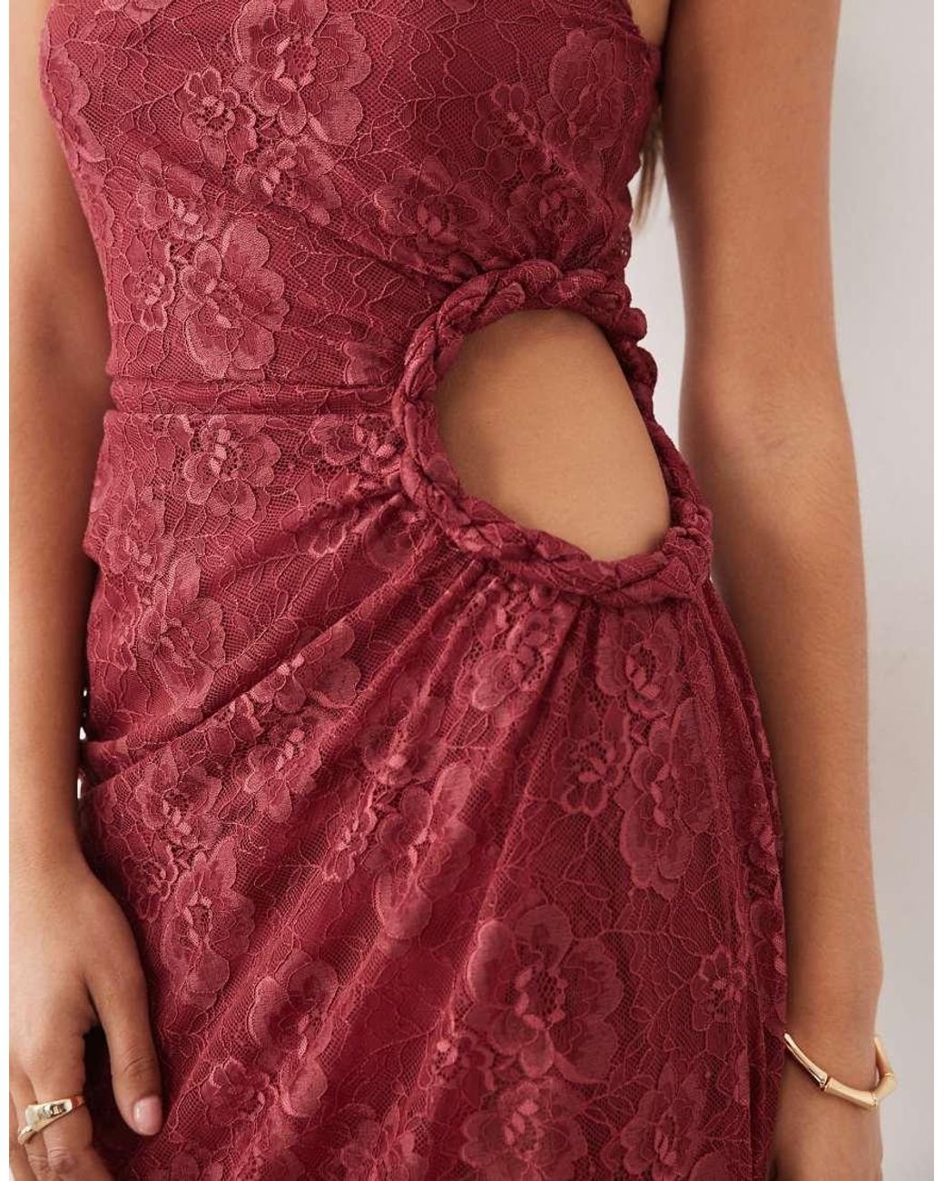 ASOS Red Lace Maxi Dress With Ruched Cut Out Detail