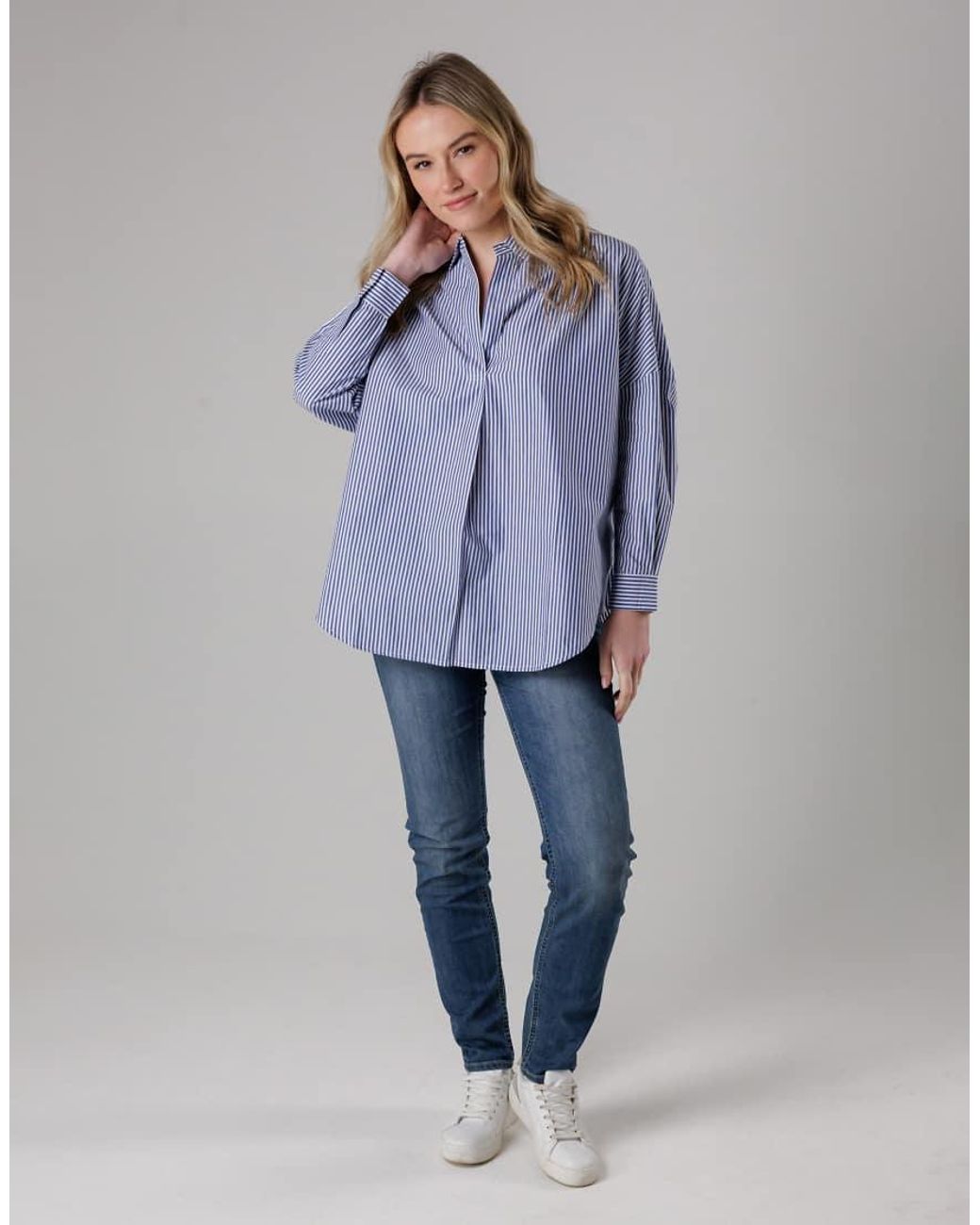French Connection Blue Cotton Relaxed-Fit Long Sleeve Striped Popover High-Low Hem Shirt