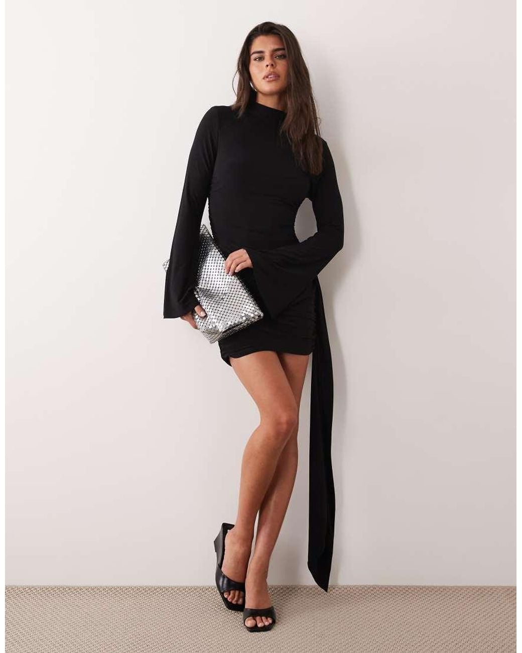 ASOS Black Mesh Mini Bodycon High Neck Ruched Dress With exaggerated Sash Detail