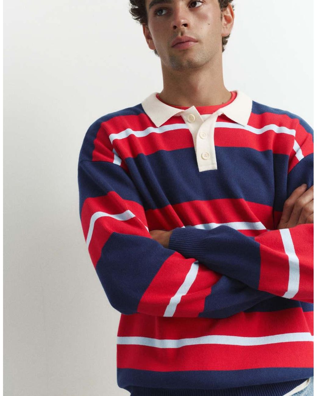 Pull&Bear Red Striped Knit Polo Shirt for men