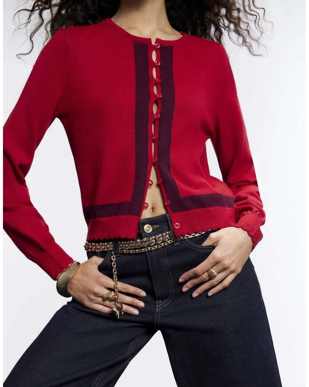 River Island Red Open Button Blocked Cardigan