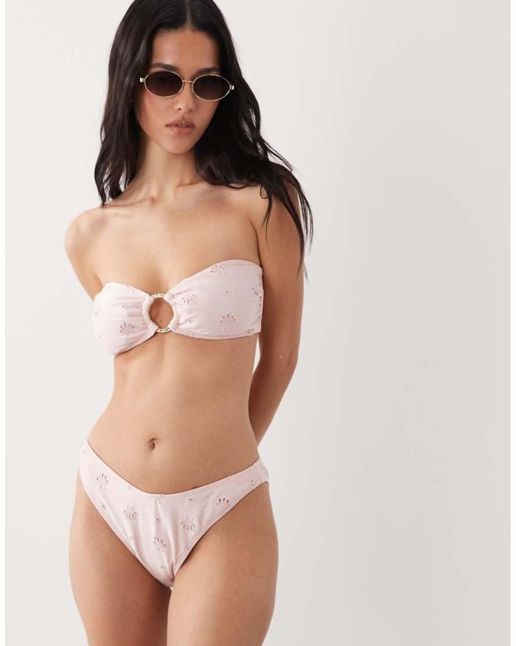 New Look Brown Bandeau Broderie Ring Detail Bikini Top