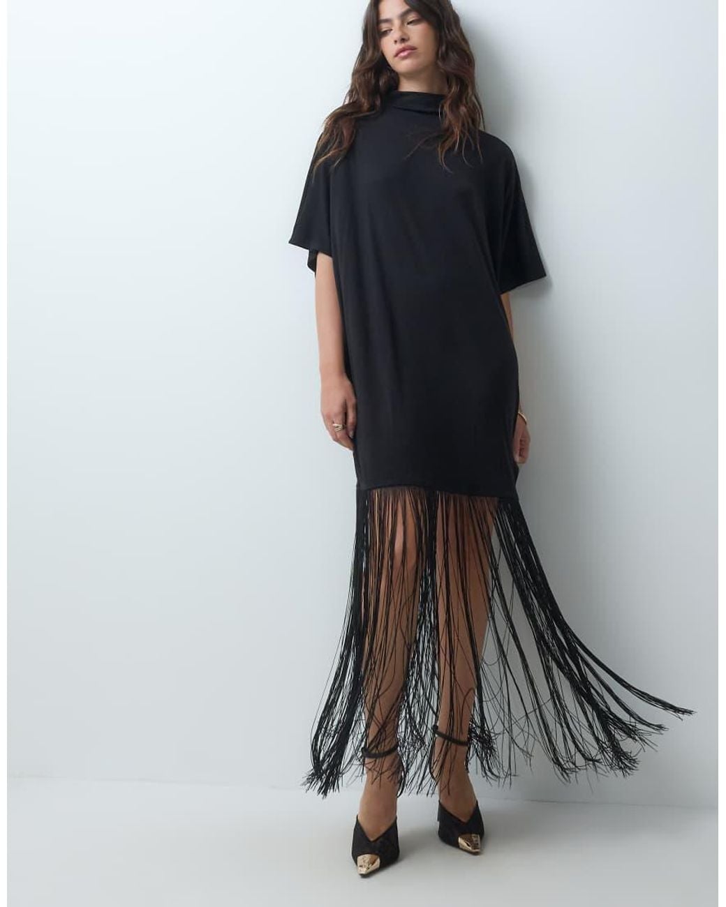 ASOS Gray Half Sleeve Maxi Dress With Full Length Fringe