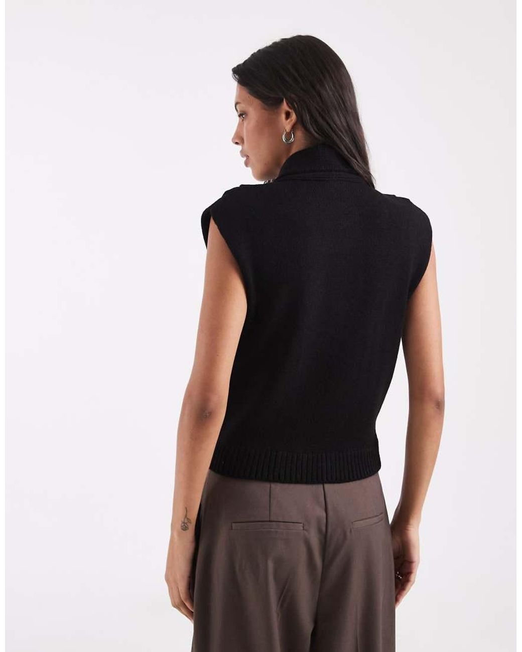 ASOS Black Knitted exaggerated Shoulder Tank With Button Fastening