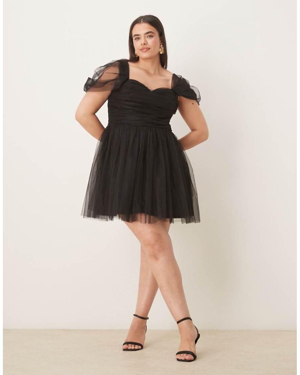 Lace & Beads Plus Black Off Shoulder Tulle Mini Dress