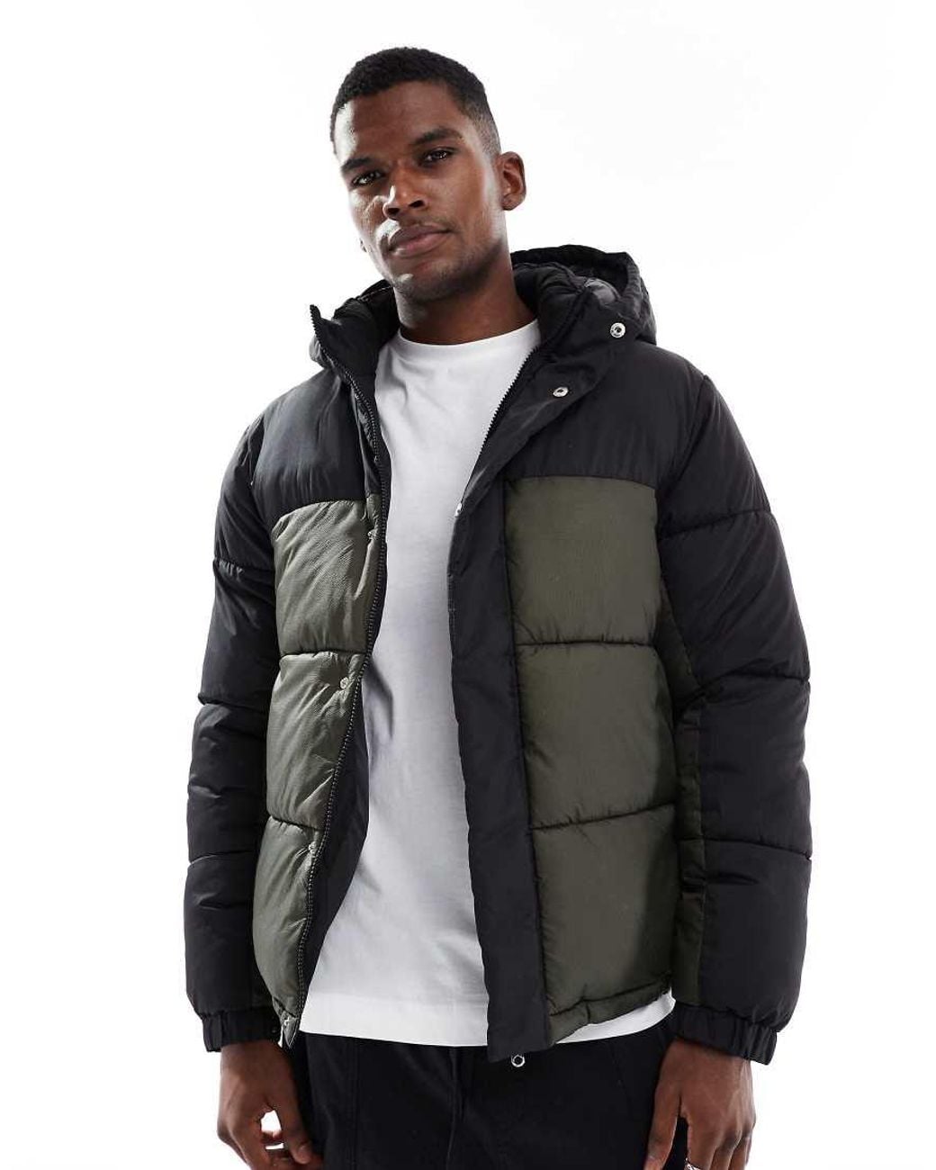 Jack & Jones Black Hooded Colour Blocked Puffer for men