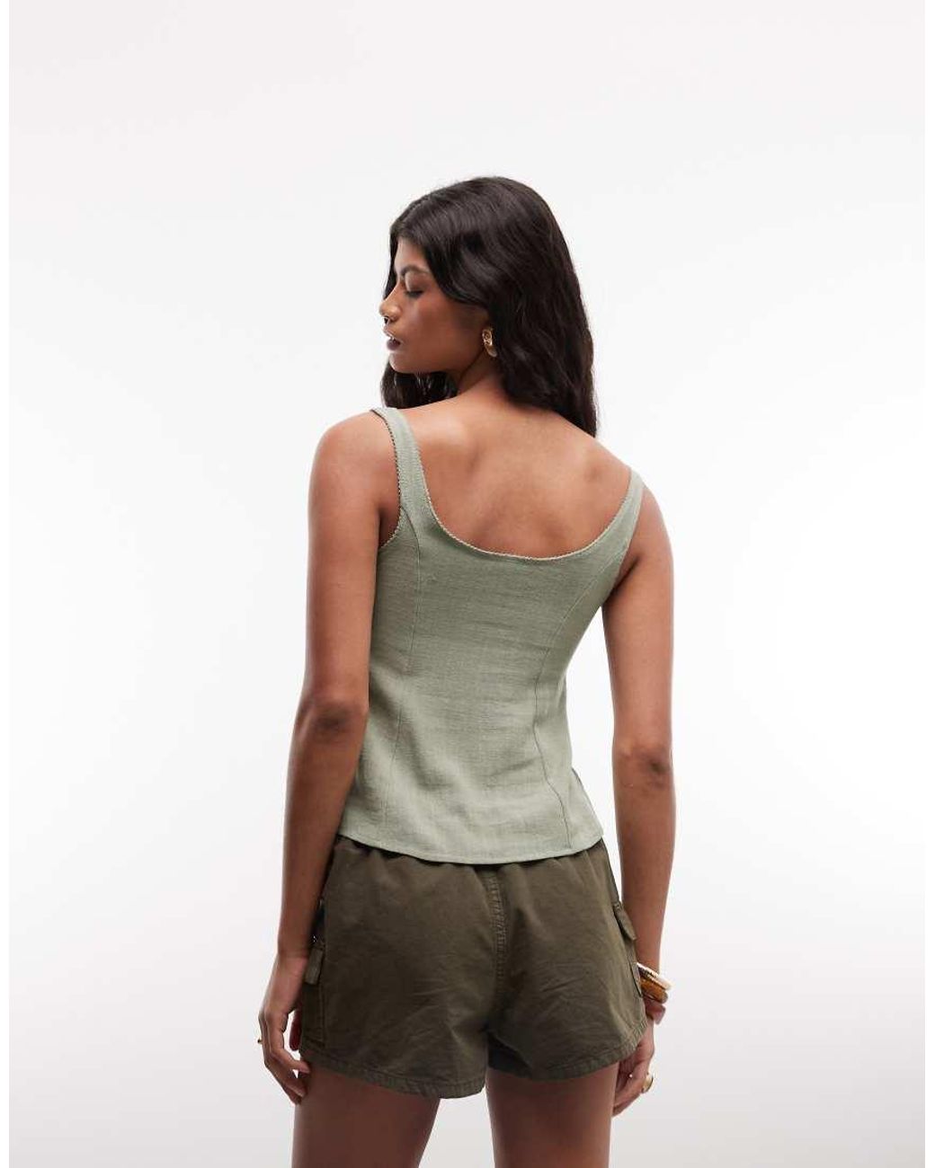Reclaimed Vintage Green Linen Fitted Blouse With Picot Trim