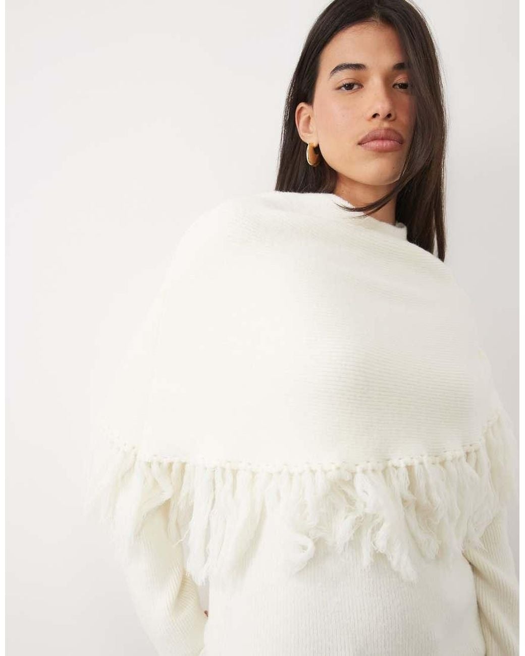 Pretty Lavish White Knit Poncho Asymmetric Fringe Detail Jumper