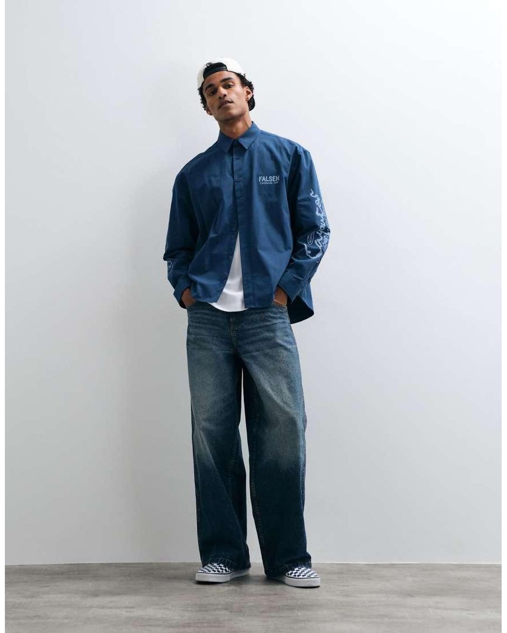 ASOS Blue Oversized Poplin Shirt With Placement Prints for men