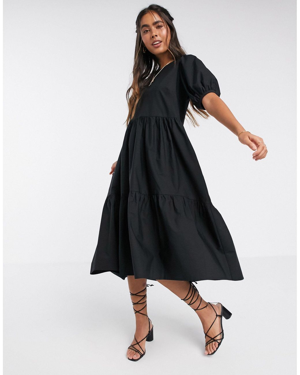 Y.A.S Tiered Midi Smock Dress With Puff Sleeve in Black | Lyst Canada