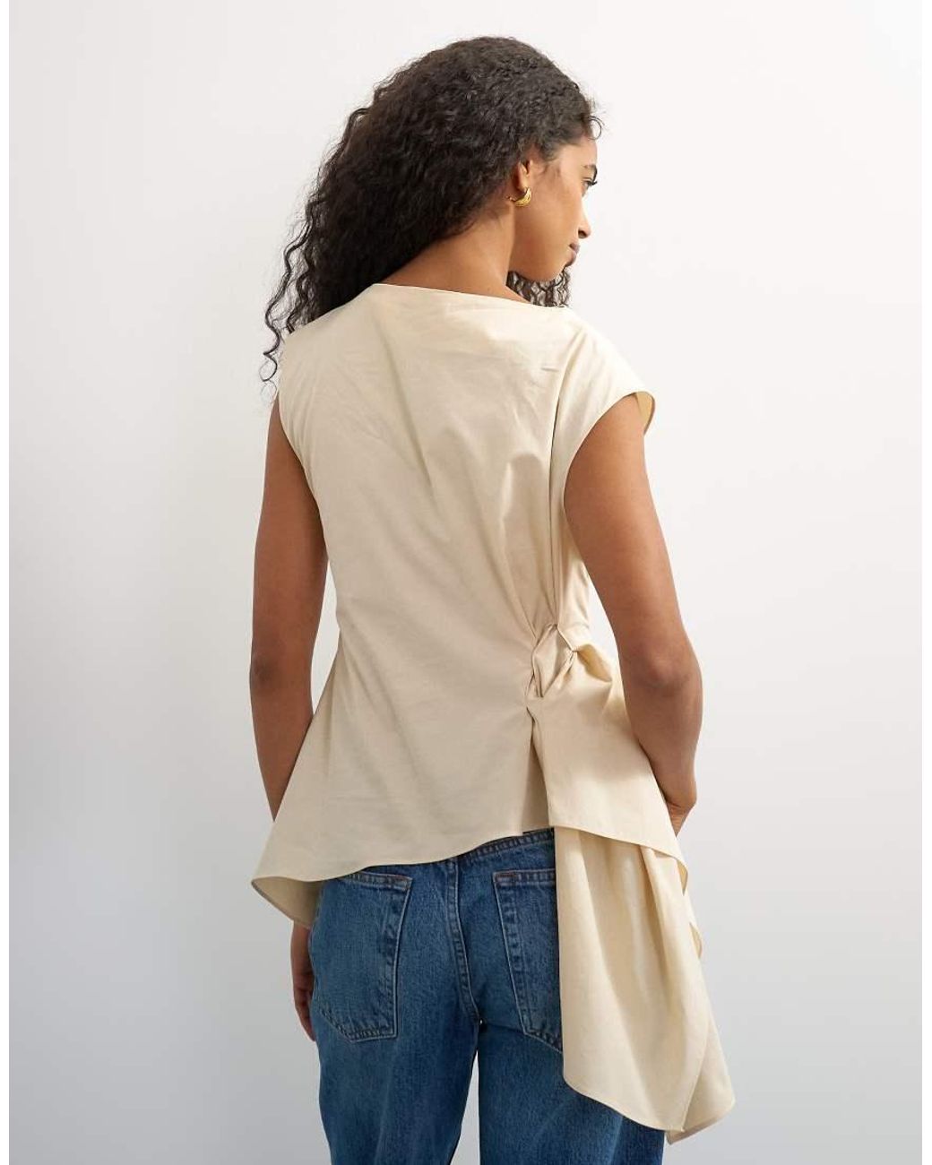 TOPSHOP Blue Poplin Slash Neck Twist Side Top