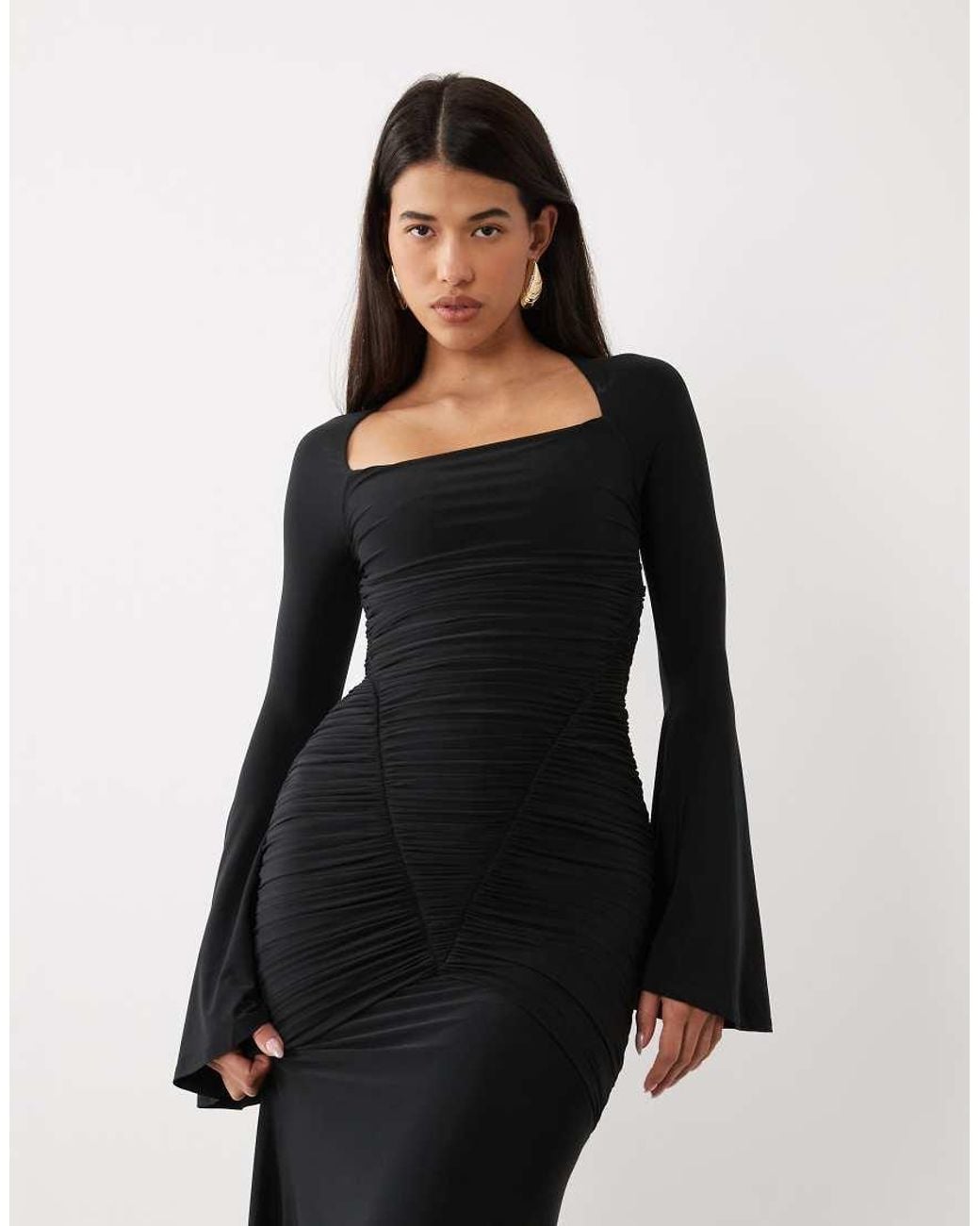ASOS Black Slinky Square Neck Maxi Dress With Ruched Bodice