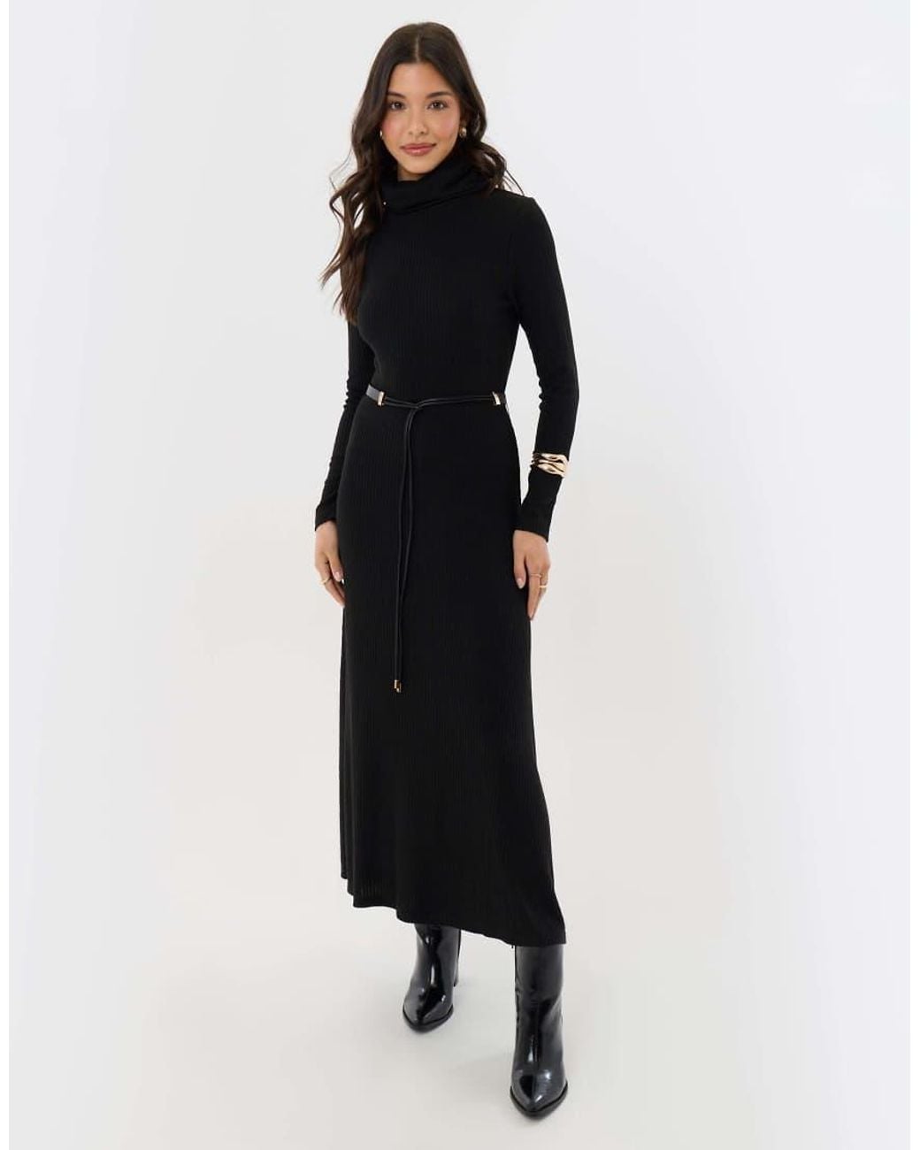 Threadbare Black Ribbed Roll Neck Maxi Dress With Belt