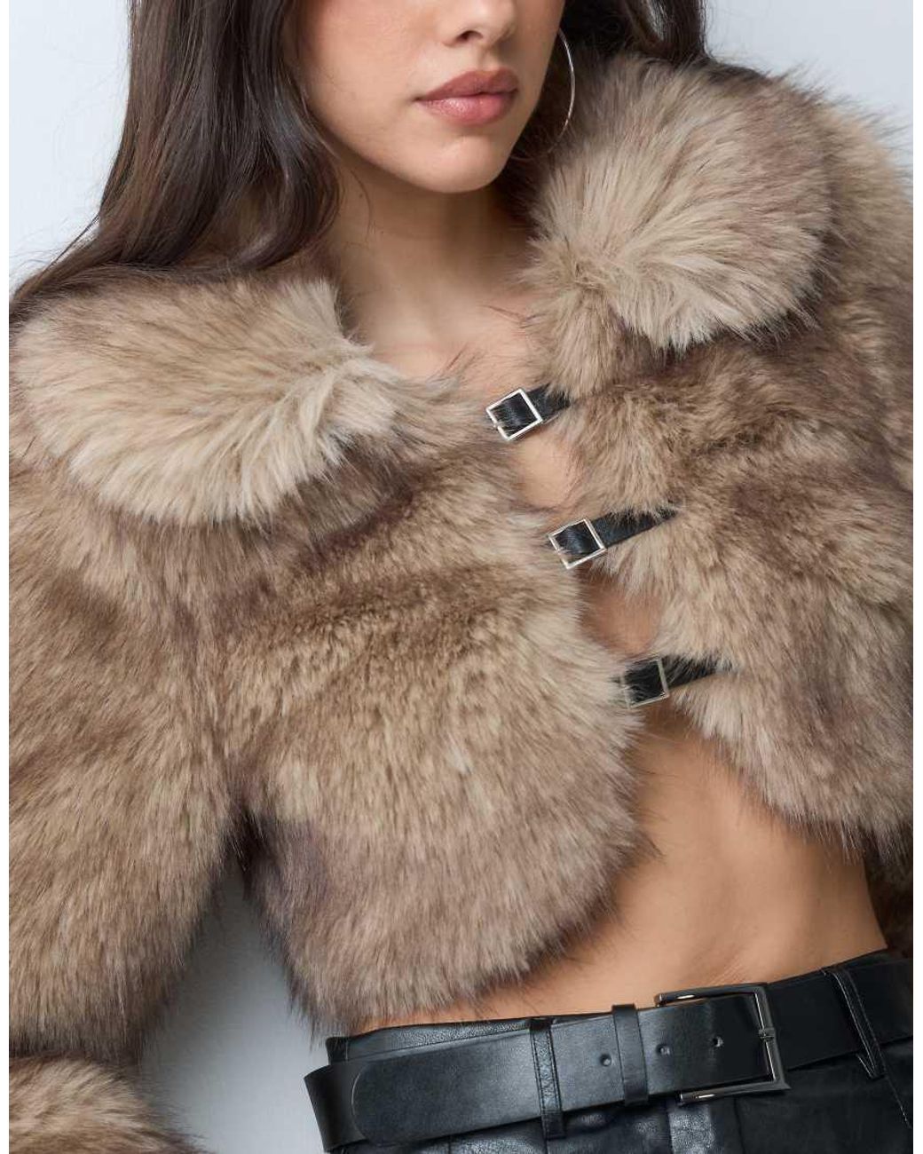 I.AM.GIA Brown Ash Oversized Buckle Detail Cropped Faux Fur Jacket