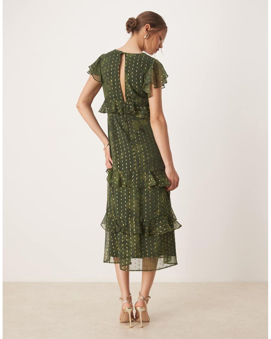 ANAYA Green Metallic Accent Floral V Neck Midi Dress
