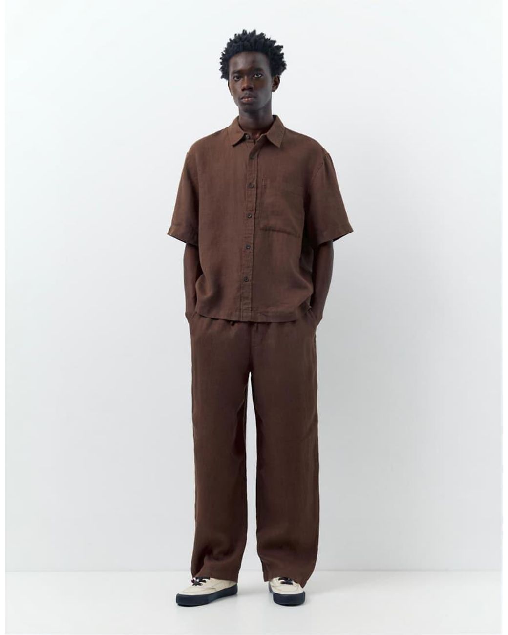 Pull&Bear Brown 100% Linen Trousers for men