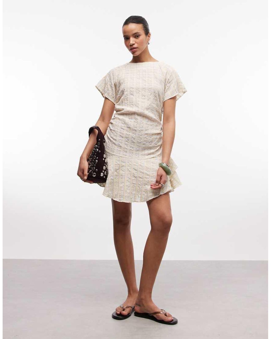 ASOS White Short Sleeve Mini Dress With Ruching Tie Waist Detail