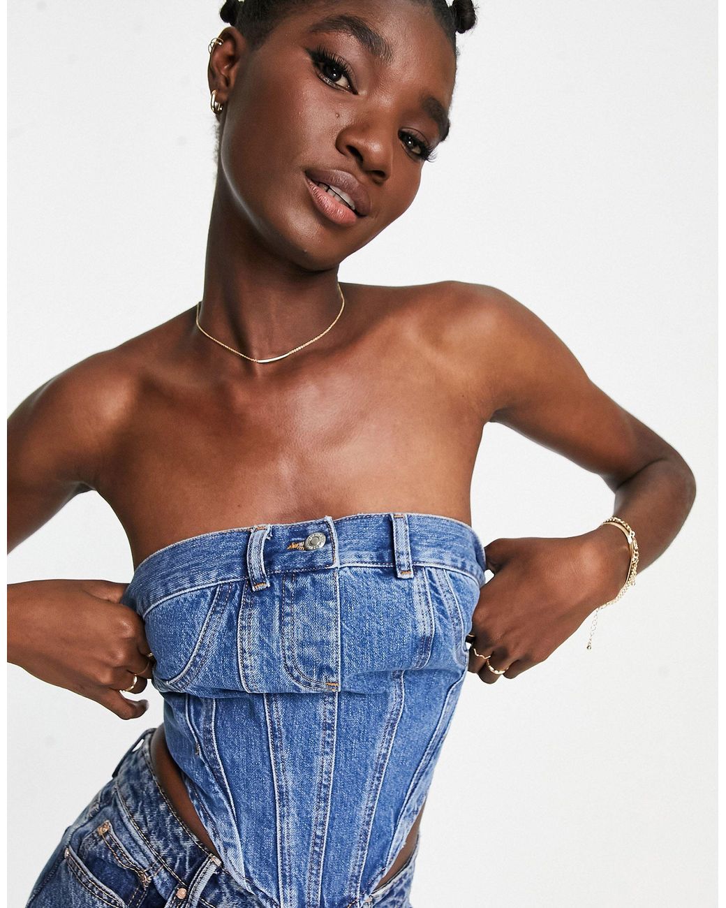 TOPSHOP Cotton Denim Corset in Mid Blue 