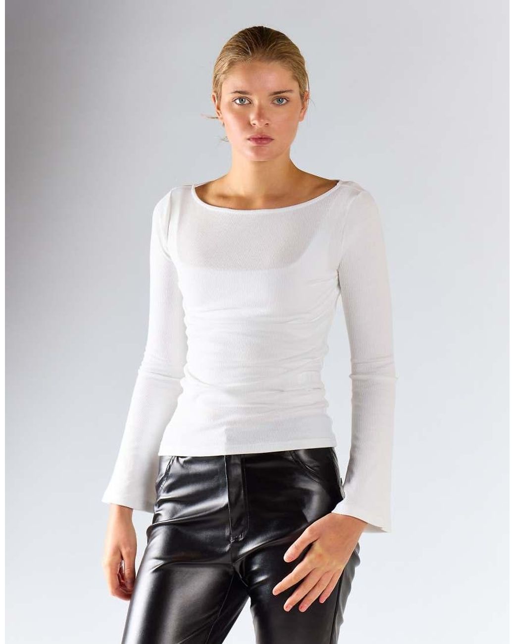 Glamorous White Boat Neck Long Sleeve Top