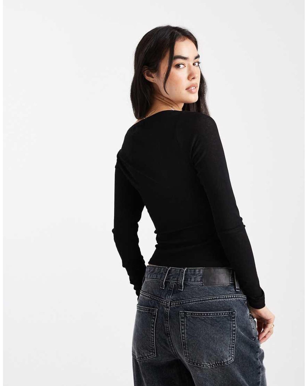 ASOS Black Textured Mesh Slash Neck Long Sleeve Top